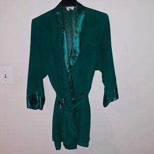 Vintage Victorias Secret Gold Label Emerald‎ Green Satin Trim Jacquard Robe